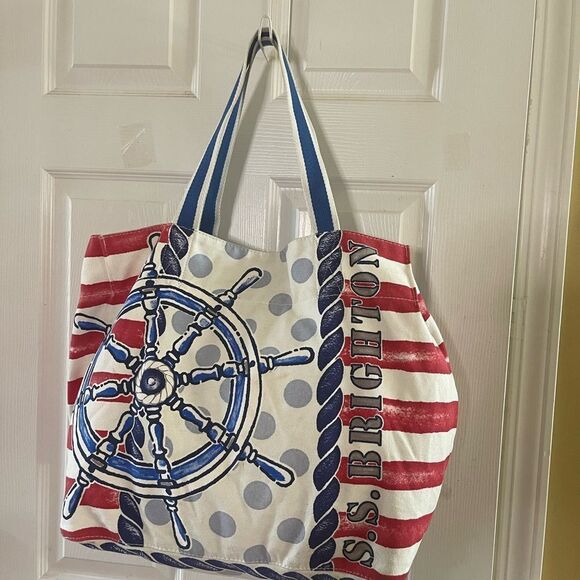 Brighton Sail Away Red White & Blue Anchor Sailing Helm Wheel Canvas lTote Bag - Picture 2 of 11